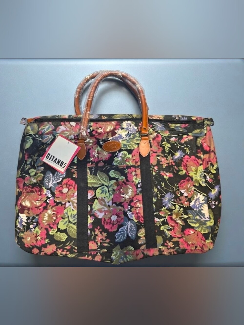1990s Vintage Gitano Floral Weekender Bag - Black with Pink & Green Floral Print